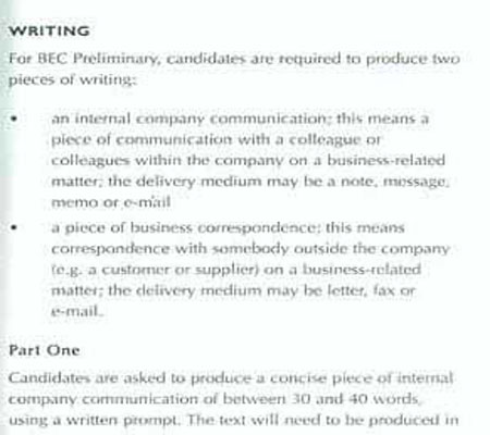 BEC考试大纲：Test of Reading and writing(Preliminary)