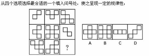 解析:九宫格四周的图形都是中心图形的一部分,选项中只有d符合.