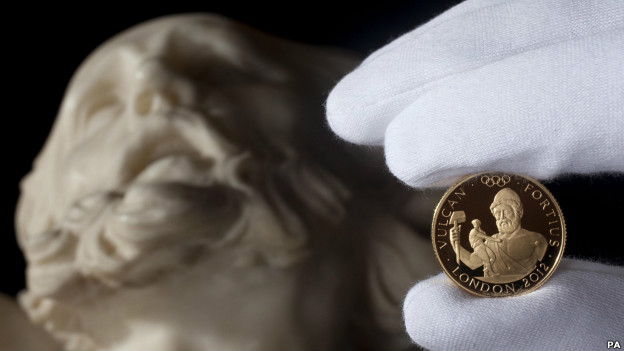 A commemorative London 2012 coin featuring the Roman god Vulcan. 