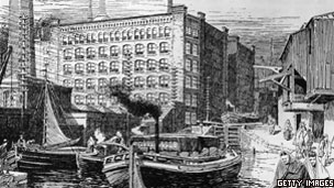 Manchester mill next to canal in Victorian times