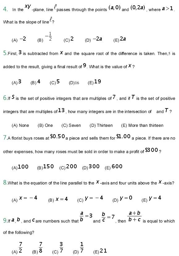 9道SAT数学选择题练习