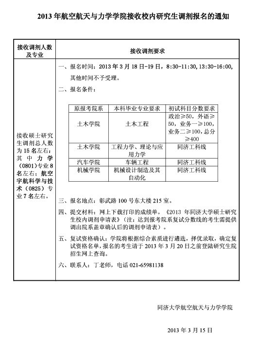同济大学航空航天与力学学院2013考研调剂信息
