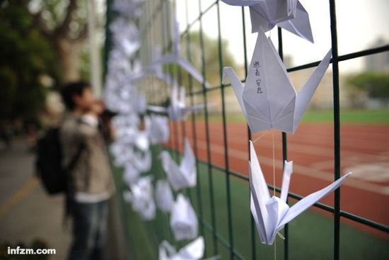 2013年4月17日，复旦大学上海医学院西院的操场围栏上，悬挂着上千只千纸鹤。 (CFP/图)
