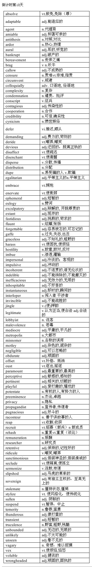 2013年6月SAT填空高频词汇(倒计时10天)
