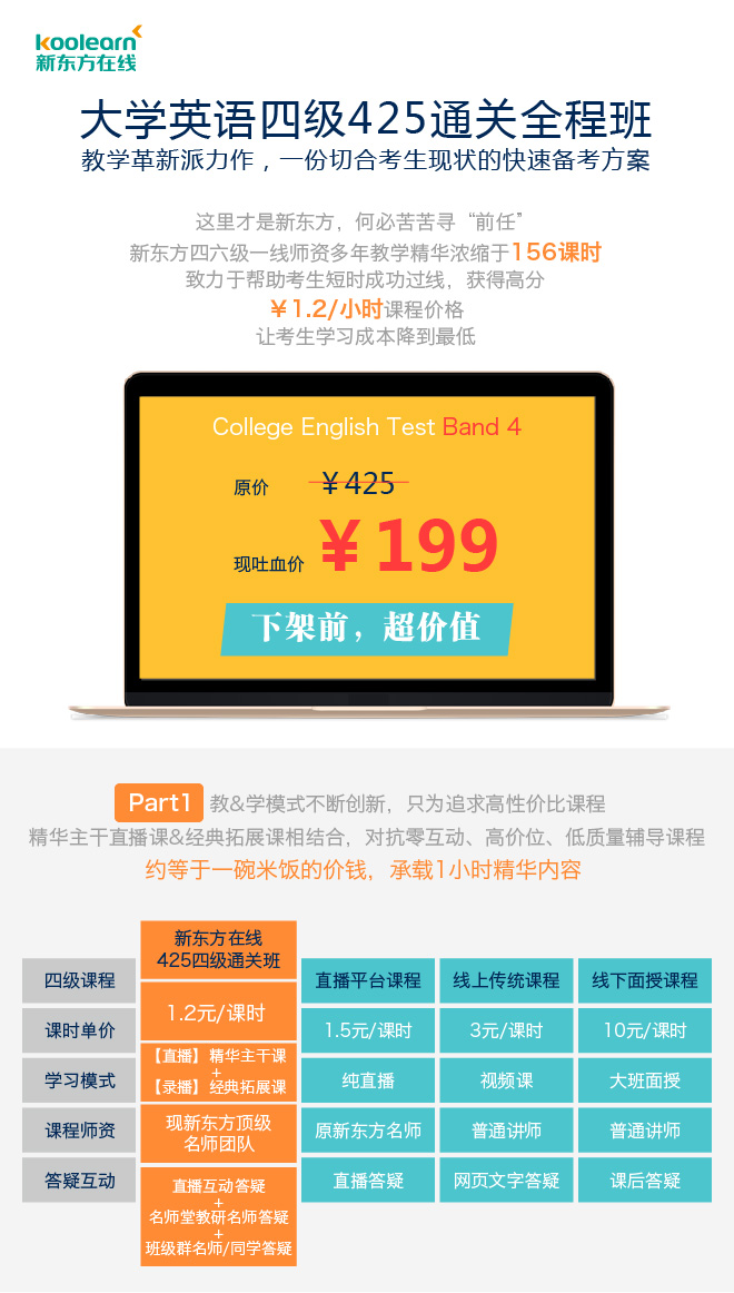 ★新东方英语培训:2016年6月英语四级425通关